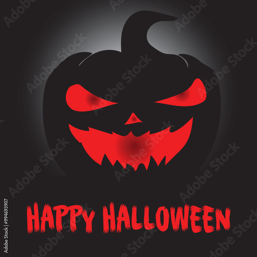 Spooky Halloween pumpkin, Jack-O-Lantern, with red glow and a smile