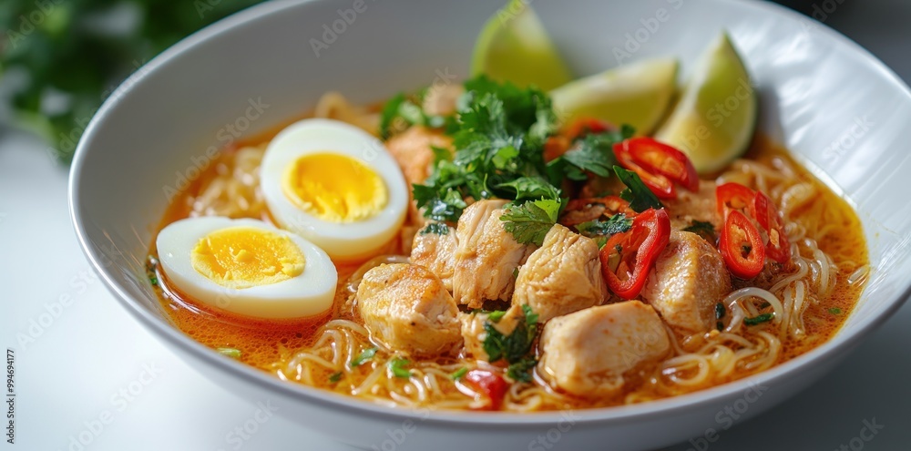Bowl of Spicy Chicken Noodle Soup with Lime and Eggs Bowl of Spicy Chicken Noodle Soup with Lime and Eggs