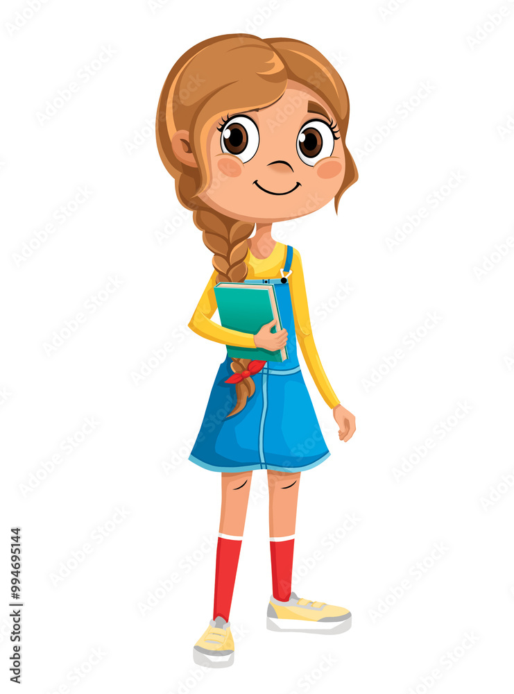 Smiling schoolgirl with braid wearing in sundress and sneackers with book in hand isolated on white background.
Smiling schoolgirl with braid wearing in sundress and sneackers with book in hand isolated on white background.