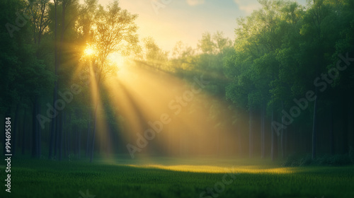 serene forest scene with sunlight streaming through trees, creating magical atmosphere. soft rays illuminate lush greenery, evoking sense of peace and tranquility.