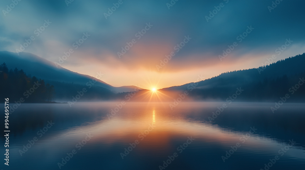 serene sunrise over tranquil lake, with mist rising from water and mountains in background. soft colors of dawn reflect beautifully on calm surface. serene sunrise over tranquil lake, with mist rising from water and mountains in background. soft colors of dawn reflect beautifully on calm surface.