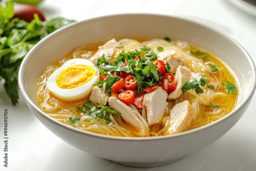 Chicken Noodle Soup with Egg, Chili Peppers, and Parsley in White Bowl Chicken Noodle Soup with Egg, Chili Peppers, and Parsley in White Bowl