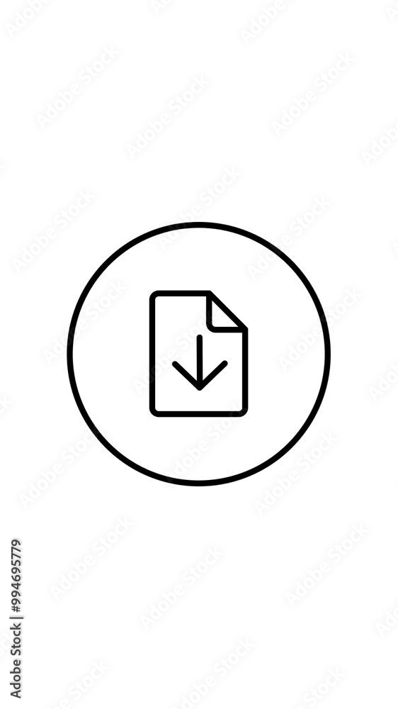 Document download line icon inside circle, arrow down, black outline, line icon vertical video animation. Document download line icon inside circle, arrow down, black outline, line icon vertical video animation.