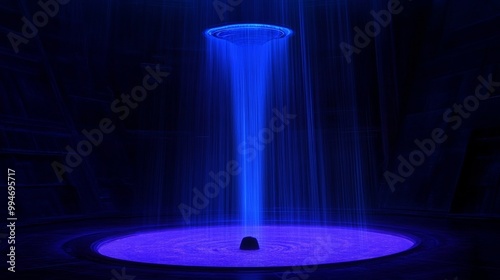 Cylindrical Blue Waterfall Display with Dramatic Lighting on dark shadow background neon wallpaper photo