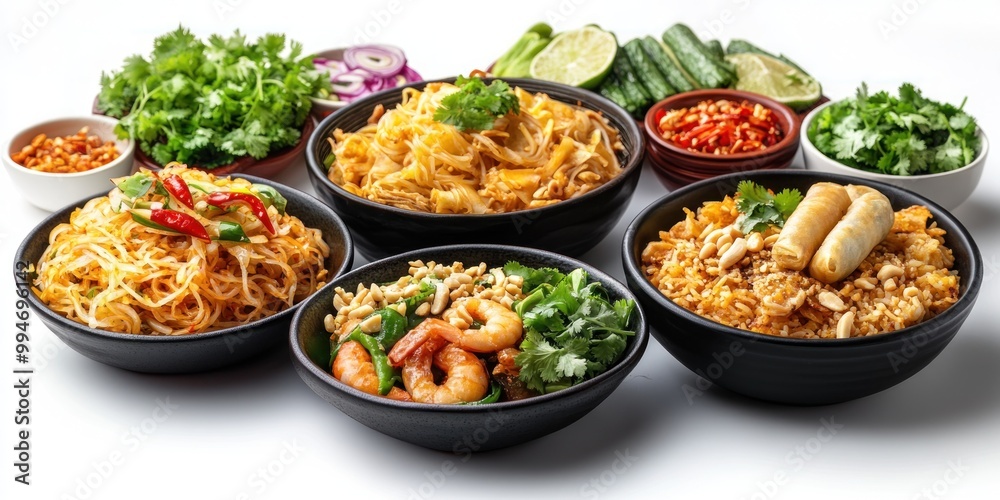 Assortment of Thai Cuisine Dishes with Fresh Herbs and Garnishes