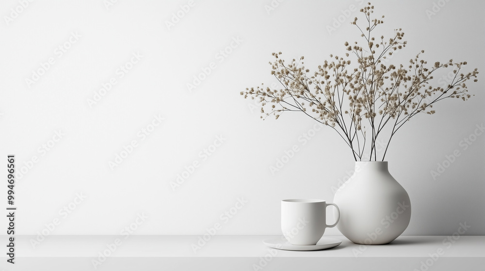 A minimalist arrangement featuring white vase with dried flowers and white cup on clean surface. This serene composition adds touch of elegance to any space.