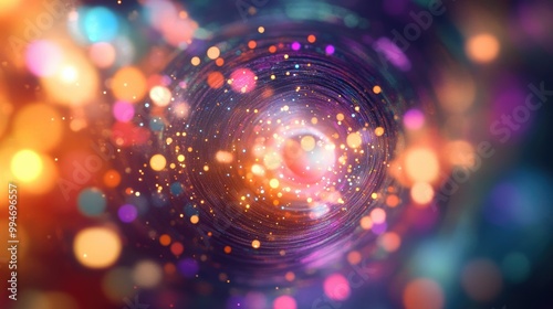 Beautiful vibrant abstract image of a colorful fluffy light tunnel filled with glowing particles, creating a dreamy background for digital art