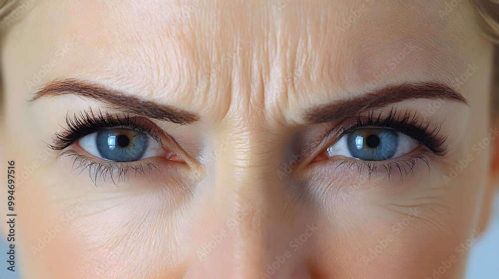 Obraz premium Before-and-after Botox images, illustrating drooping eyebrows and frown lines pre-treatment, and lifted, smoother skin after