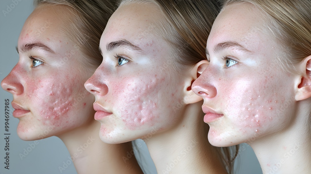 A close-up series showing acne treatment progress on a young adult over three months, from inflamed skin to a smooth, clear complexion Natural lighting, realistic detail