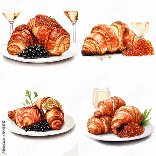 A set of four images of croissants with different toppings and a glass of wine. The mood of the images is elegant and sophisticated, with the wine and croissants being the main focus