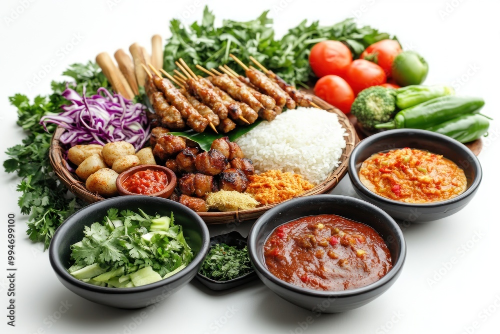 Grilled Meat Skewers with Rice, Sauces, and Fresh Vegetables Grilled Meat Skewers with Rice, Sauces, and Fresh Vegetables