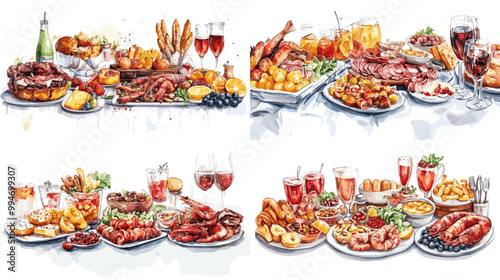 A series of four images of a dinner table with various foods and drinks. The mood of the images is celebratory and festive, with a focus on the abundance of food and drinks