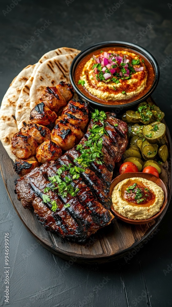 Traditional Middle Eastern CharcoalGrilled Lamb with Pita Hummus and Pickled Vegetables