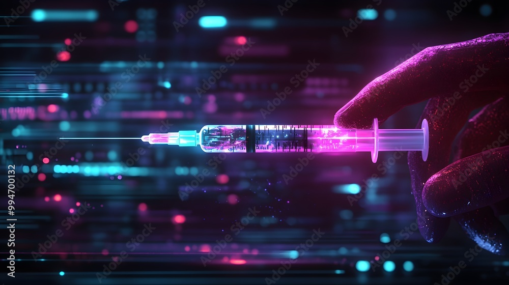Fototapeta premium A glowing holographic syringe in the hands of a healthcare worker vaccinating a first responder, bright medical lab, vivid neon purple and teal lights, cyberpunk, digital illustration