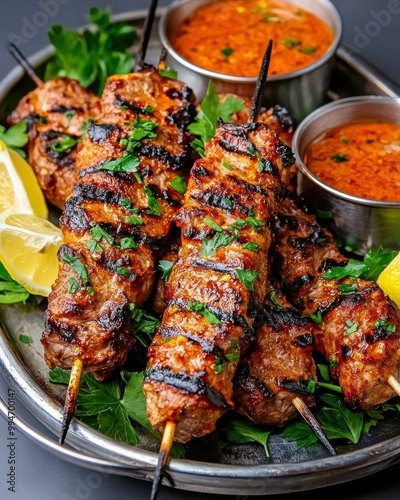 CharcoalGrilled Lamb Skewers with Fresh Herbs Lemon Wedges and Spicy Dipping Sauce photo