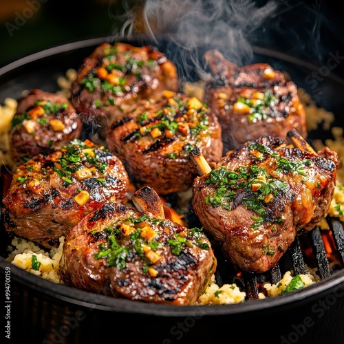 HerbMarinated Lamb Grilling Over Charcoal with Couscous Side Dish and Rising Smoke photo