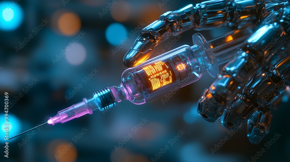 A robot carefully injecting a glowing vaccine into a patient's arm, transparent syringe with holographic data, Futuristic, Sci-fi illustration, Neon, High detail A robot carefully injecting a glowing vaccine into a patient's arm, transparent syringe with holographic data, Futuristic, Sci-fi illustration, Neon, High detail