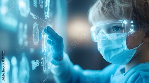 Brave child being vaccinated by a nurse, in a tech-infused clinic, holographic displays showing medical charts, vibrant colors, sci-fi, clean lines