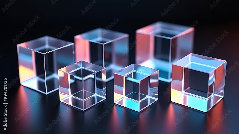Transparent 3D cubes with colorful refractions on reflective surface Transparent 3D cubes with colorful refractions on reflective surface