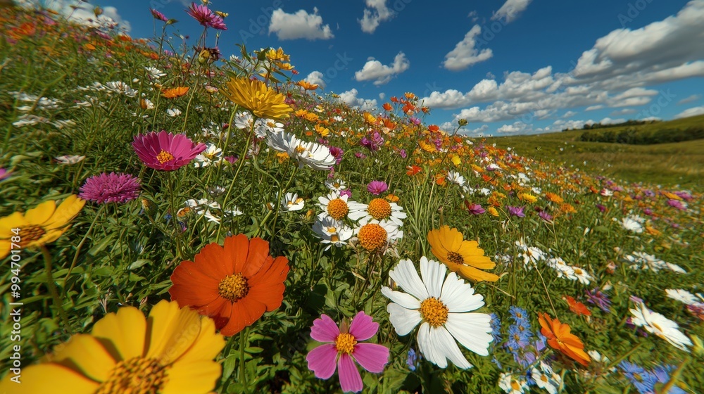 Fototapeta premium Vibrant Wildflower Meadow Under Summer Sky Nature Photography
