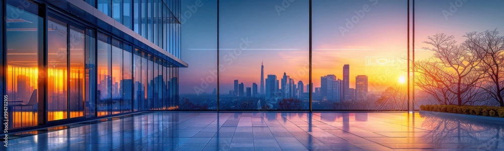 Sunset view of a city from a large glass building Sunset view of a city from a large glass building