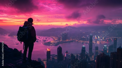 Silhouette of a Backpacker Contemplating a Vibrant Hong Kong Cityscape at Dawn photo