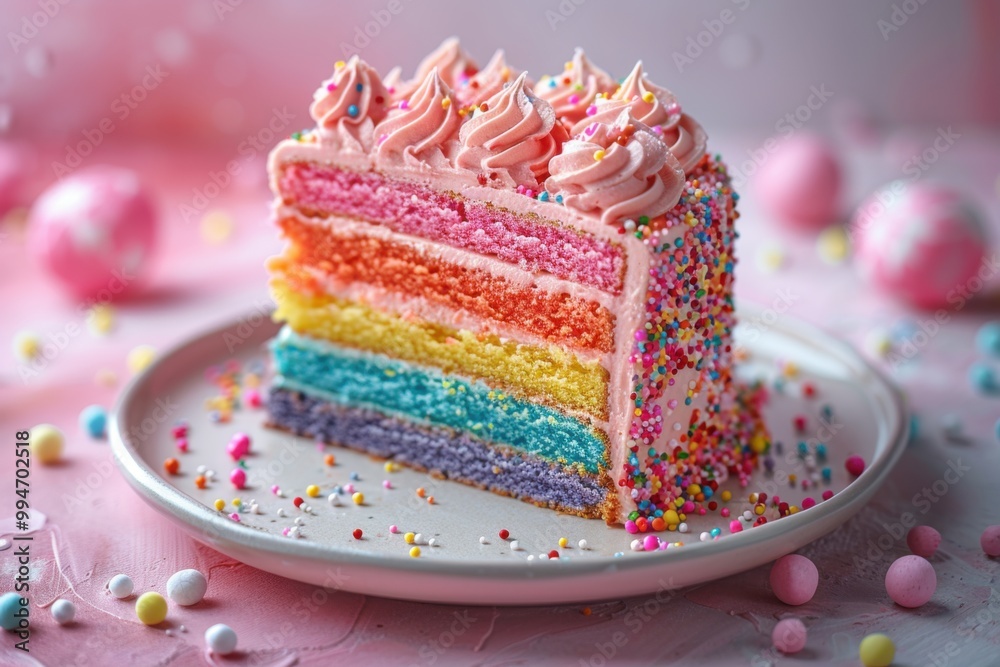 Slice of cake on a plate with sprinkles, ainbow layered cake, food background Slice of cake on a plate with sprinkles, ainbow layered cake, food background