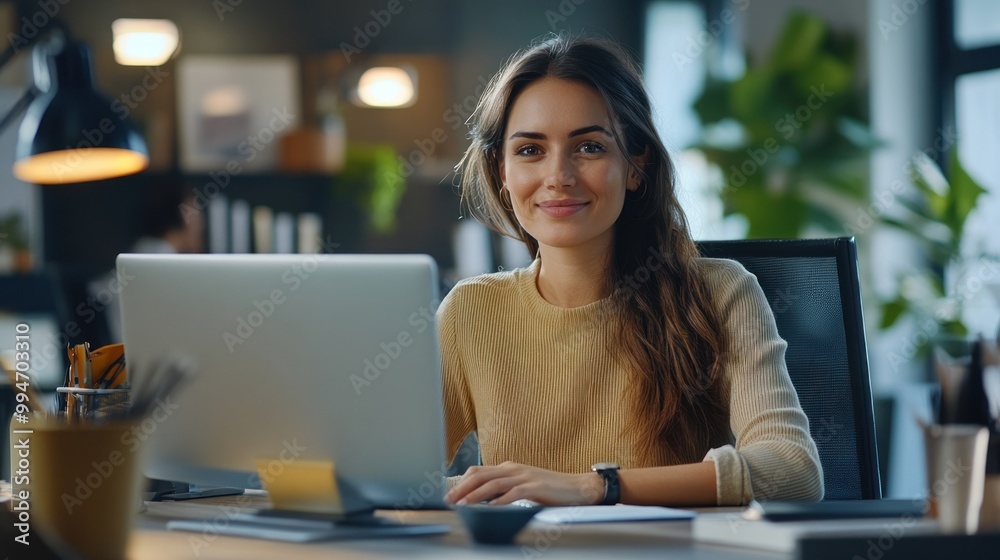 Smiling Woman Working at Laptop Smiling Woman Working at Laptop
