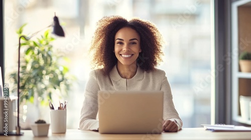 Happy Woman Working on Laptop