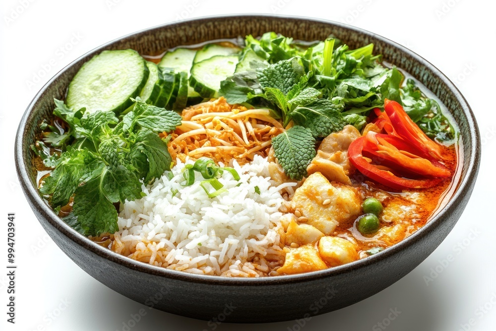 Bowl of Thai Curry with Rice, Vegetables, and Fish Bowl of Thai Curry with Rice, Vegetables, and Fish