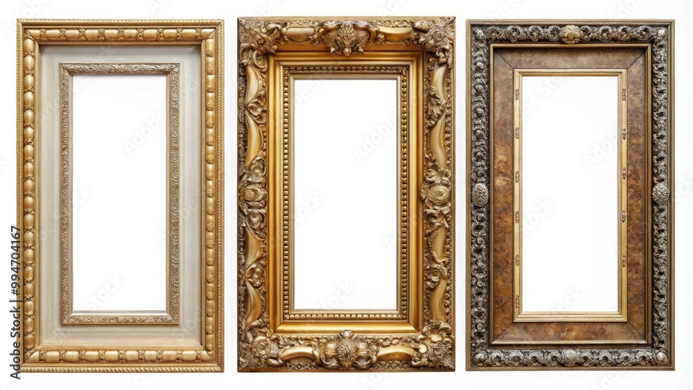 Three empty ornate gold picture frames are isolated on white background, with space for your copy
