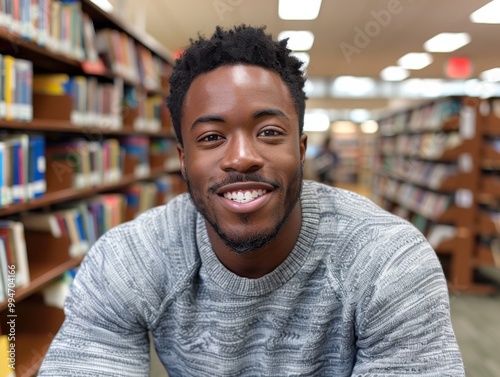 Black college male student in library on college campus photo