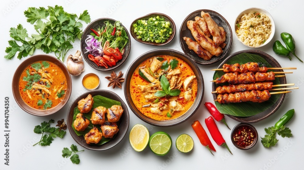 A Culinary Spread of Thai Dishes with Various Ingredients A Culinary Spread of Thai Dishes with Various Ingredients