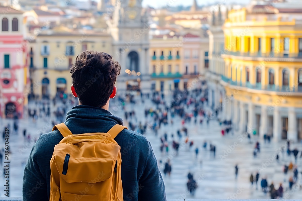 Obraz premium Man with a Backpack Observing a Crowded City Square