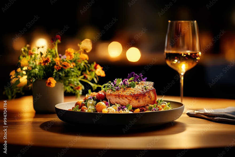 Elegant Tranquil Table Setting with Soft Lighting and Muted Tones for Understated Cuisine Elegant Tranquil Table Setting with Soft Lighting and Muted Tones for Understated Cuisine