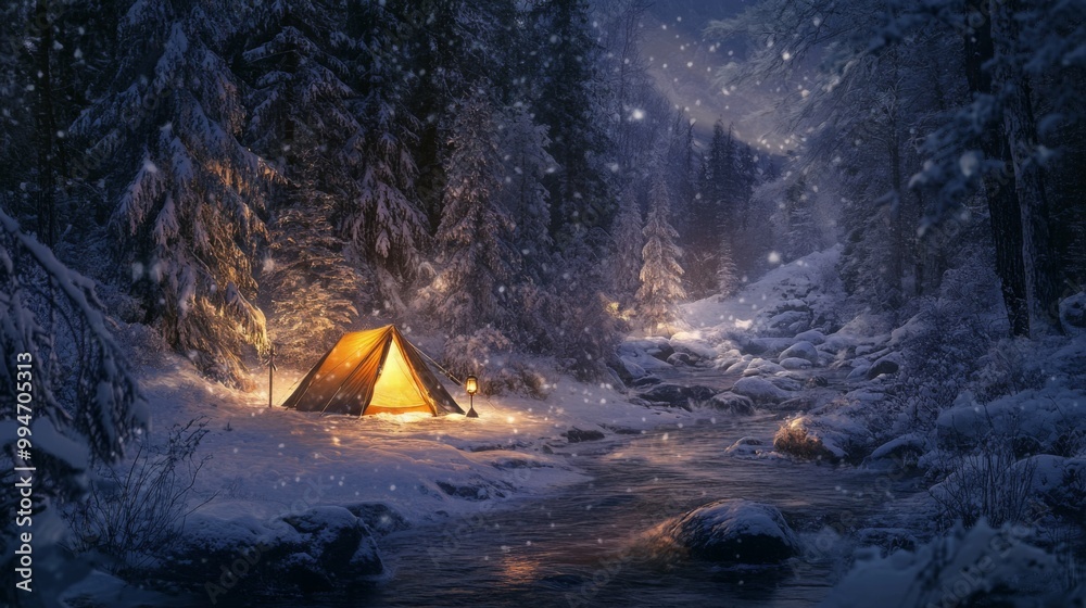 Illuminated Tent in a Snowy Forest by a Stream Illuminated Tent in a Snowy Forest by a Stream