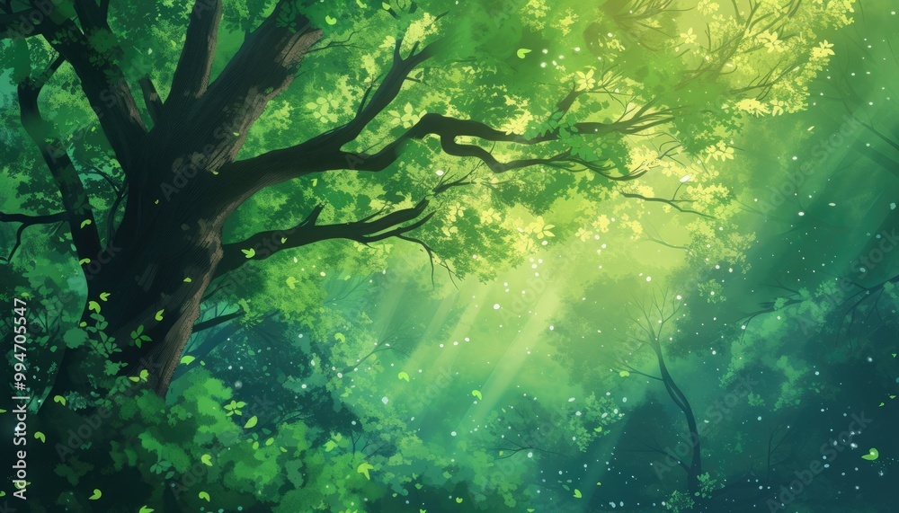 Obraz premium A beautiful capture of sunlight filtering through the tree canopy of a forest.