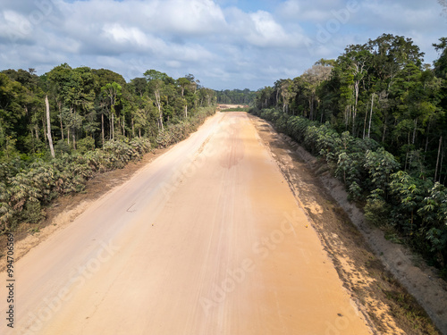 Canvas Print Aerial view of ground airstrip surrounded by dense Amazon rainforest