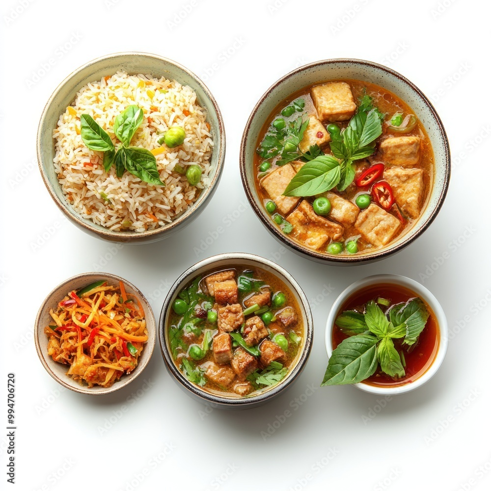 Asian Cuisine with Tofu Curry, Fried Rice, and Side Dishes Asian Cuisine with Tofu Curry, Fried Rice, and Side Dishes