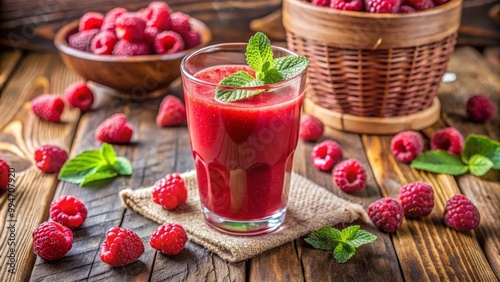 Wallpaper Mural Glass of freshly squeezed raspberry juice with mint on rustic wooden table surrounded by fresh raspberries Torontodigital.ca