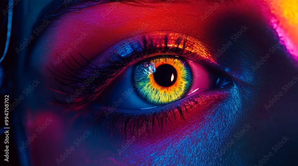 Close-up of a Vibrant Human Eye with Multicolored Lighting
