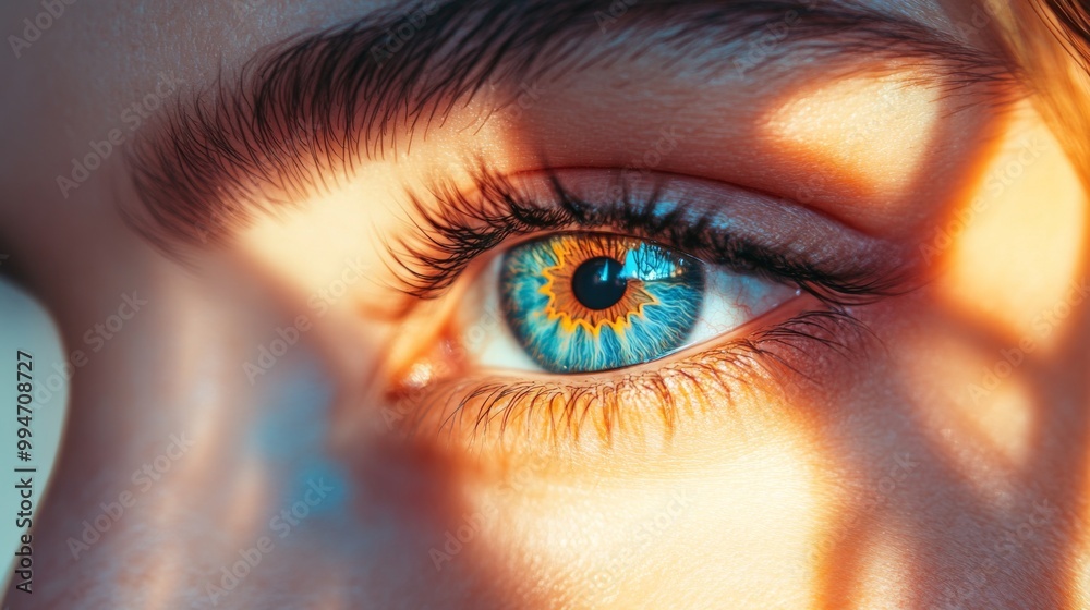 Close-up of a blue eye with a sun-like reflection.