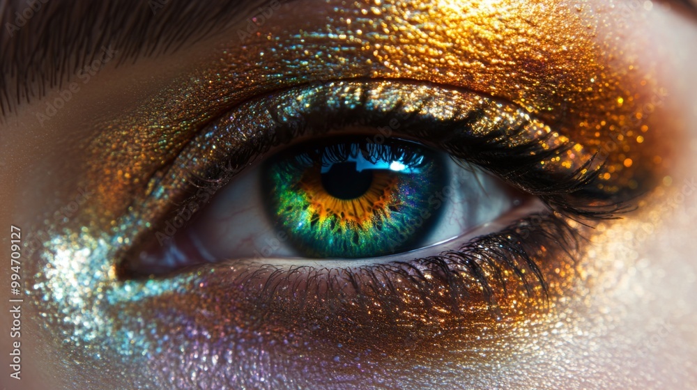 Close-up of a Human Eye with Shimmering Gold and Green Makeup Close-up of a Human Eye with Shimmering Gold and Green Makeup