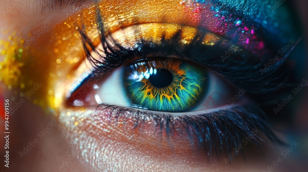 Close-up of a vibrant, multi-colored eye with glitter makeup Close-up of a vibrant, multi-colored eye with glitter makeup