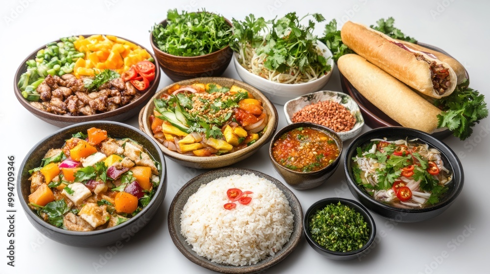 A Spread of Vietnamese Dishes Including Banh Mi Sandwiches, Salads, and Rice A Spread of Vietnamese Dishes Including Banh Mi Sandwiches, Salads, and Rice