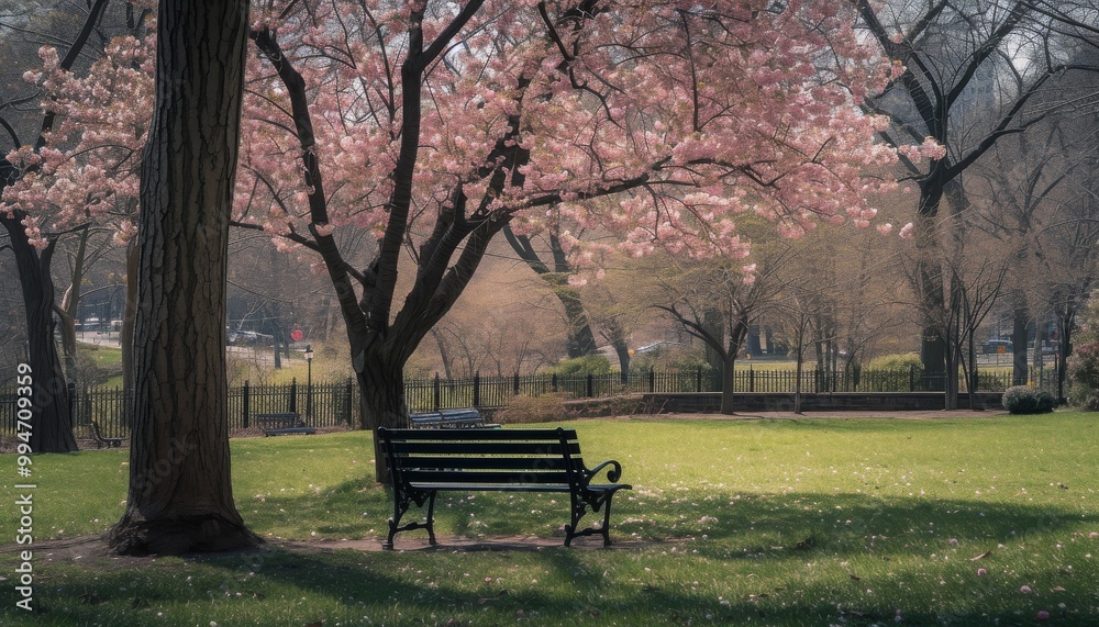 Serene park scene with blooming cherry blossom trees and a bench under the trees, evoking a calm, tranquil atmosphere. Serene park scene with blooming cherry blossom trees and a bench under the trees, evoking a calm, tranquil atmosphere.