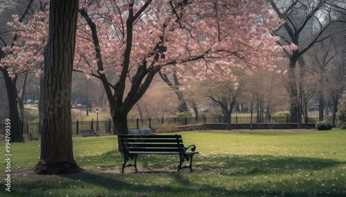 Serene park scene with blooming cherry blossom trees and a bench under the trees, evoking a calm, tranquil atmosphere. photo