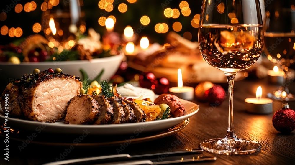 Festive Dinner Table with Roasted Meat Wine and Candles Festive Dinner Table with Roasted Meat Wine and Candles
