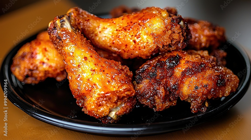 Crispy Korean Fried Chicken with Soy and Spicy Glaze on Black Plate Crispy Korean Fried Chicken with Soy and Spicy Glaze on Black Plate