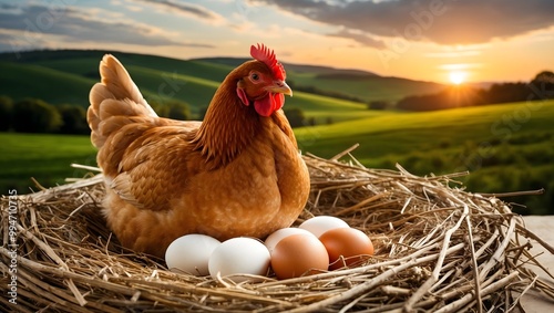 Mother Hen With Eggs On Nest. Livestock Concept. Ai Generative.